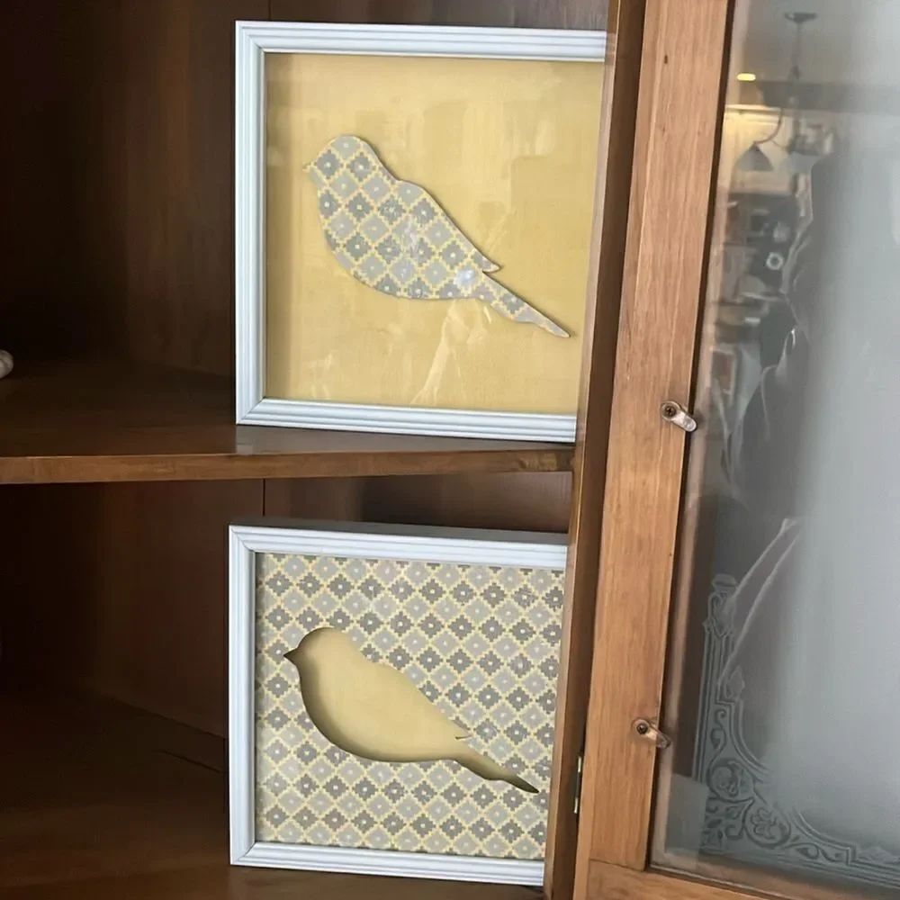Bird Nature Yellow Grey Pattern 3D Set of Square White Picture Frames Artwork
